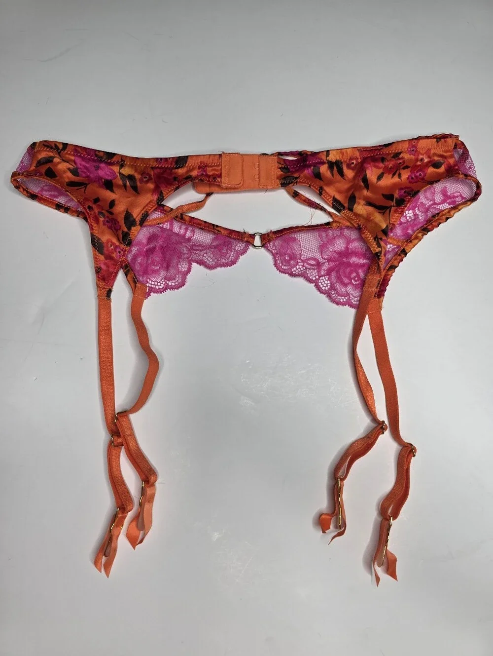 NEW Victoria's Secret Garter Pink Orange Satin Lace Floral XS